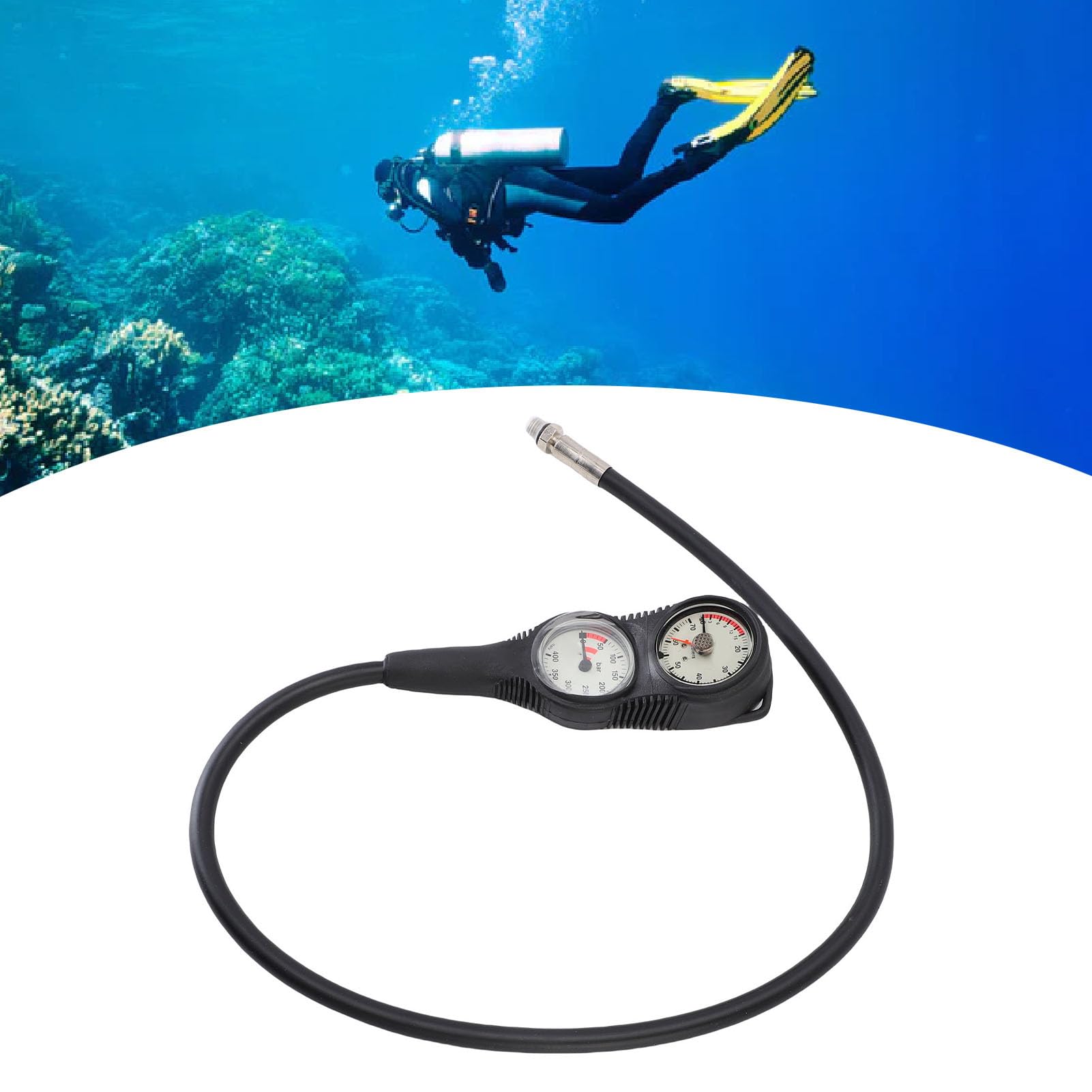 Consola de Buceo con Medidor Doble, Medidor de Profundidad de Presión TPR con Esfera Blanca y Marco Negro para Equipos Profesionales de Buceo Subacuático