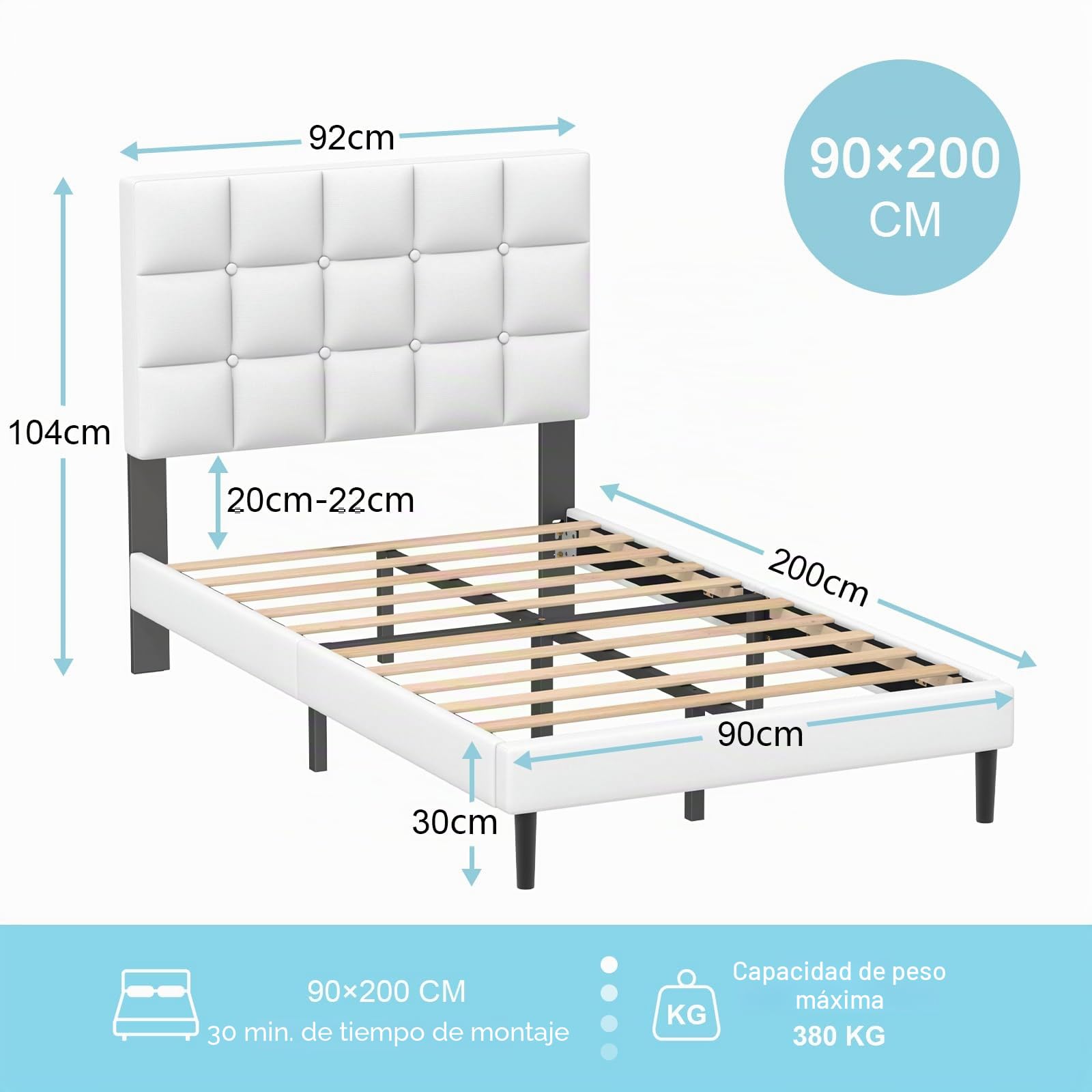 Yocreat Cama tapizada de 90 x 200 cm, cama individual con cabecero y somier, altura de 30 cm, color blanco