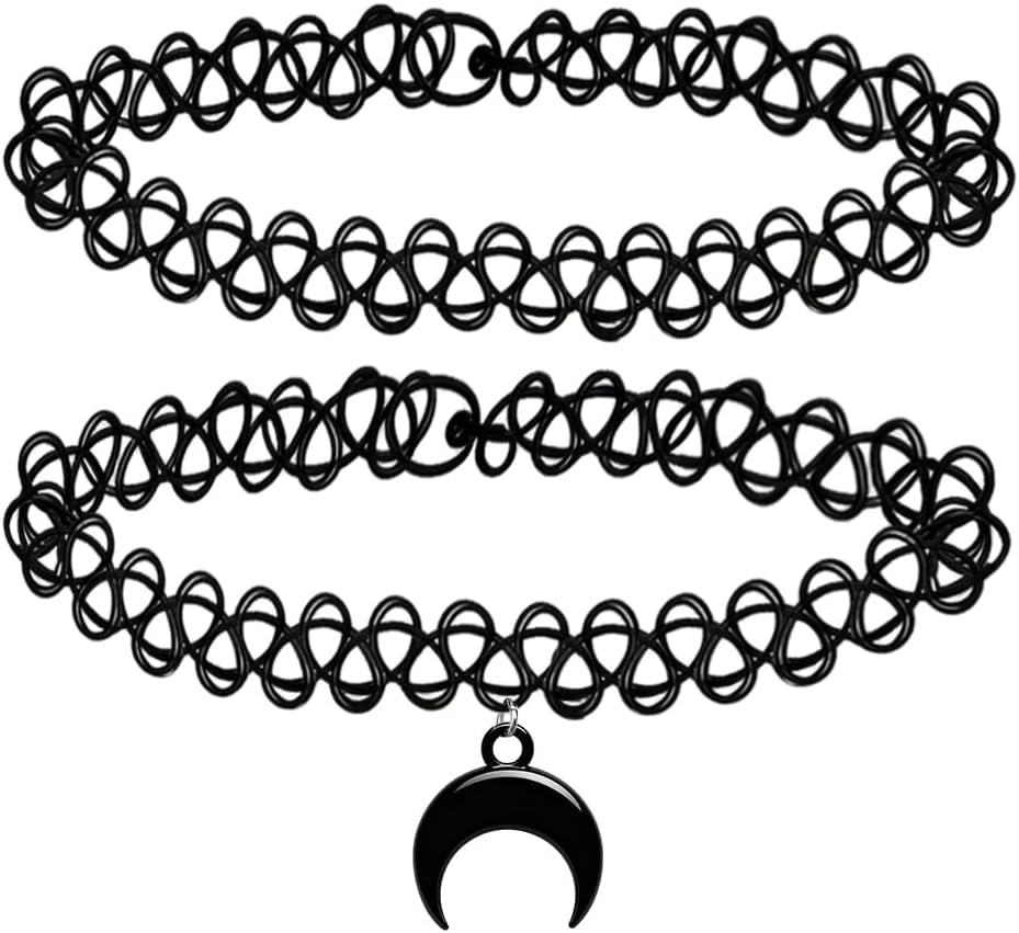2PCS Crescent Moon Black Tattoo Choker Necklace 90s Choker Necklace Y2K Gothic Moon Pendent Chokers Witch Jewelry Adjustable Stretchy Elastic Necklace for Women