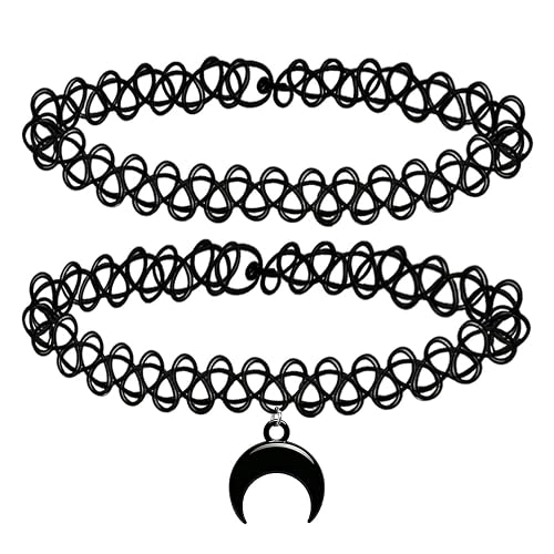 WLXNCYKE 2PCS Crescent Moon Black Tattoo Choker Necklace 90s Choker Necklace Y2K Gothic Moon Pendent Chokers Witch Jewelry Adjustable Stretchy Elastic Necklace for Women - Crescent moon pendant