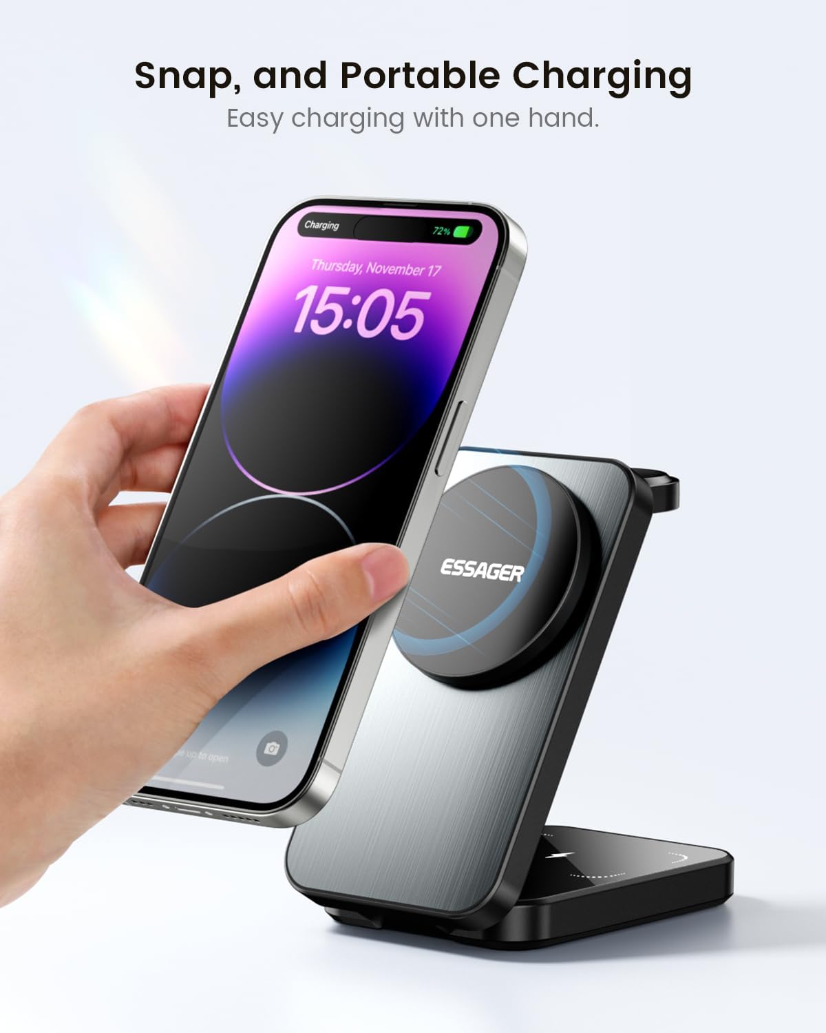 Hand placing iPhone on ESSAGER 3-in-1 charger