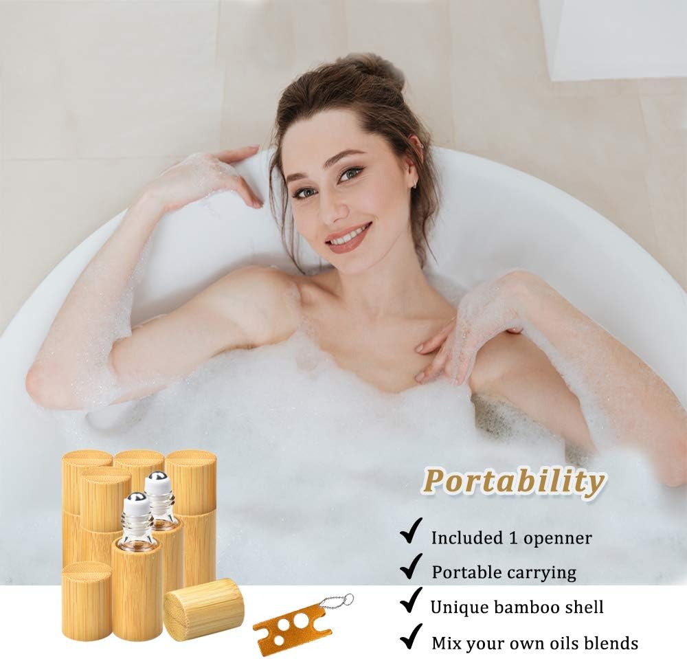 AUHOKY 12Pcs Bamboo Roll on Bottles for Essential Oils, Portable Massage Oil Bottle with Stainless Steel Roller Ball, Reusable Travel Perfumes Sample Lip Gloss Container (1 Opener) (5ML)
