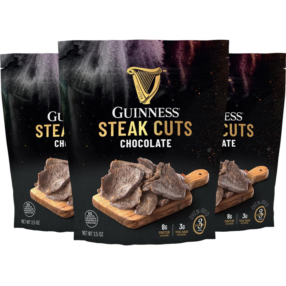 Guinness Steak Cuts, Variety Pack, 3 Pack (2.5 Ounce Bags) Original, Chocolate and Coffee Flavors - Tender Real Steak Snack Marinated in Guinness 0.0 - Jerky Beef Snack, High Protein, No Nitrates, Clean Ingredients