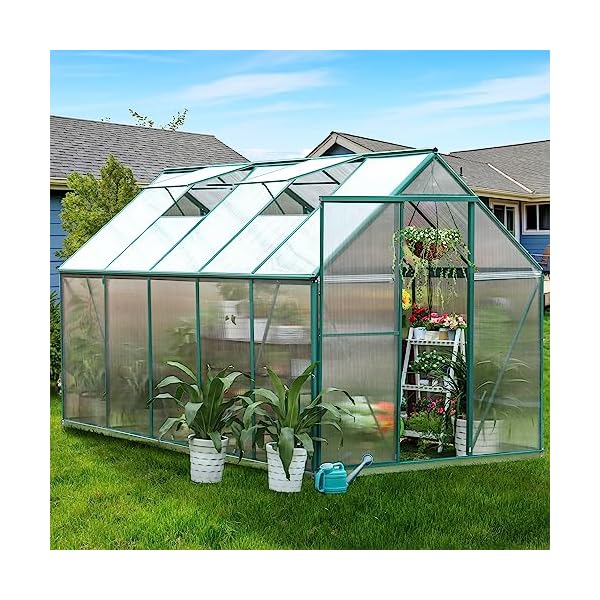 SELLERWE 6.2x10.2 FEET Hybrid Polycarbonate Greenhouse with 2 Vent Window Lockable Door Walk-in Hobby Greenhouses Heavy Duty Aluminum Hot House for Outdoor Garden Backyard