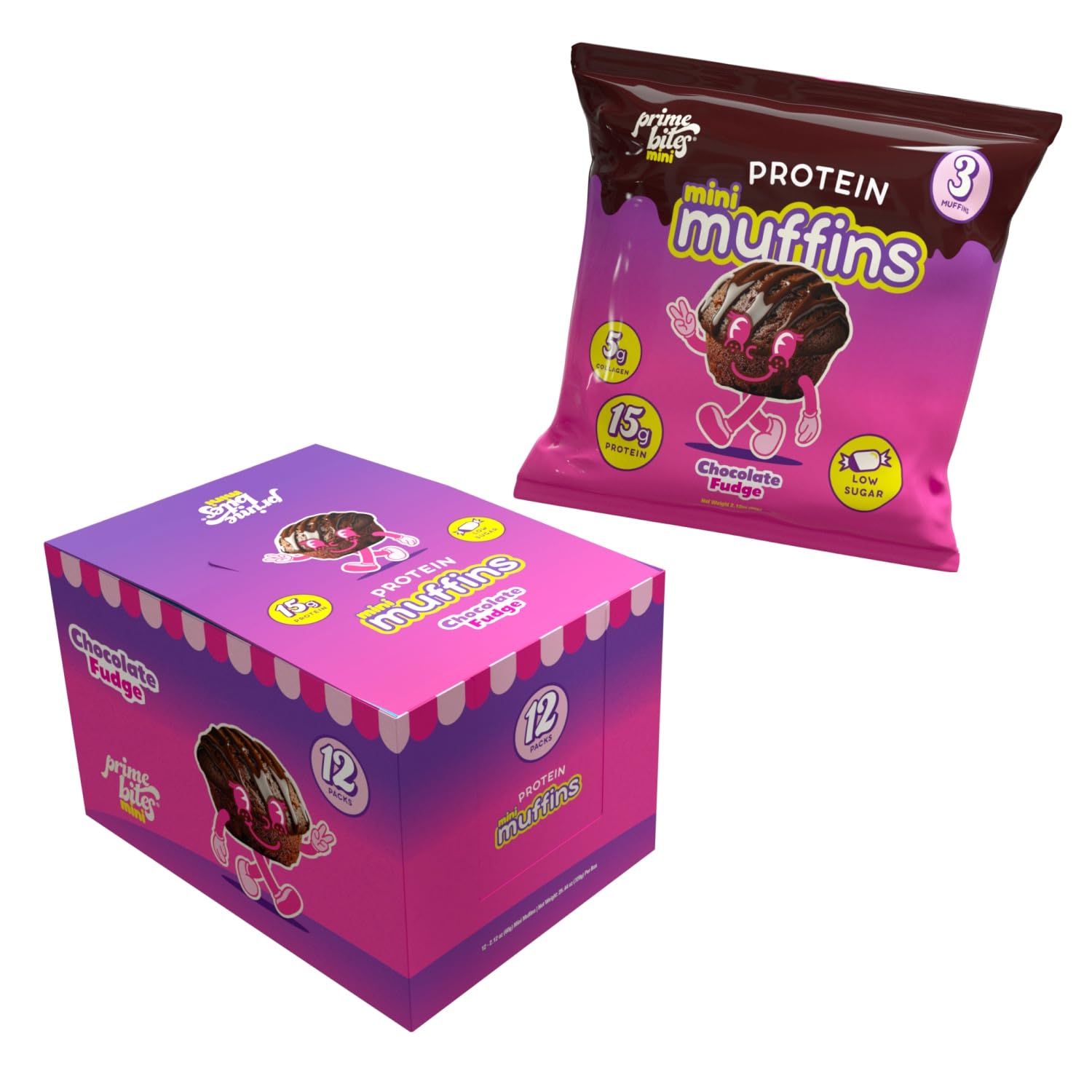 Prime Bites Minis | Protein Mini Muffins from Alpha Prime Supplements | High Protein, Collagen Fortified Low Sugar Treat | Delicious Snack | 12 Packs per Box - Chocolate Fudge