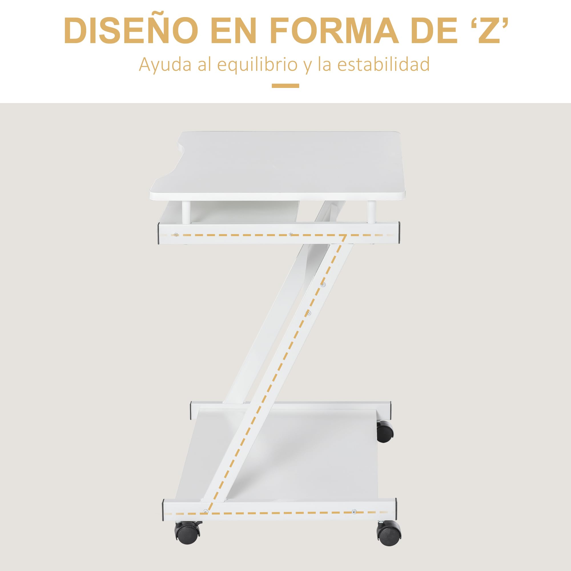 HOMCOM Mesa de Ordenador con Ruedas, 60x48 cm, Escritorio de Ordenador Moderno con Bandeja Deslizante para Teclado y Estante Inferior, Marco Metálico en Forma de Z, para Oficina, Estudio, Blanco