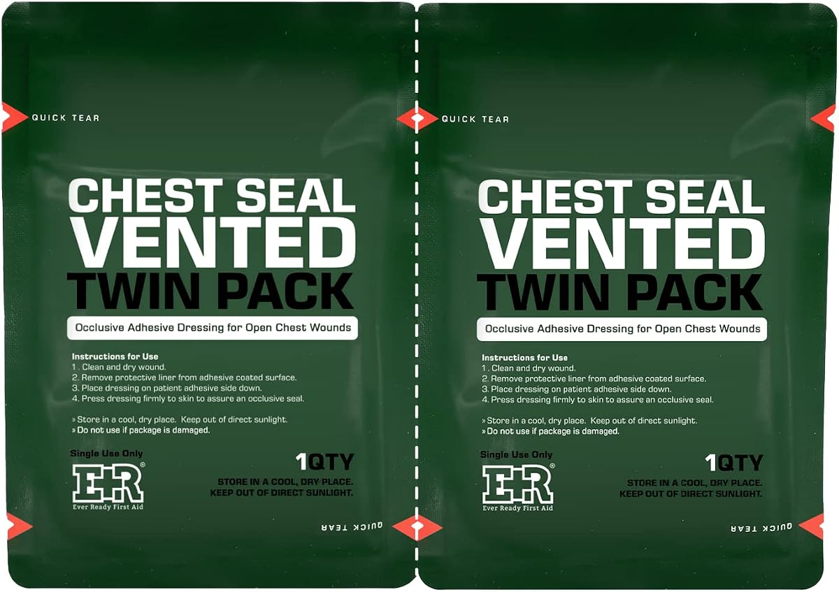 Ever Ready First Aid Vented Chest Seal with Quick Tear Twin Pack- 6.6” Square Occlusive Adhesive Dressing for Open Chest Wounds