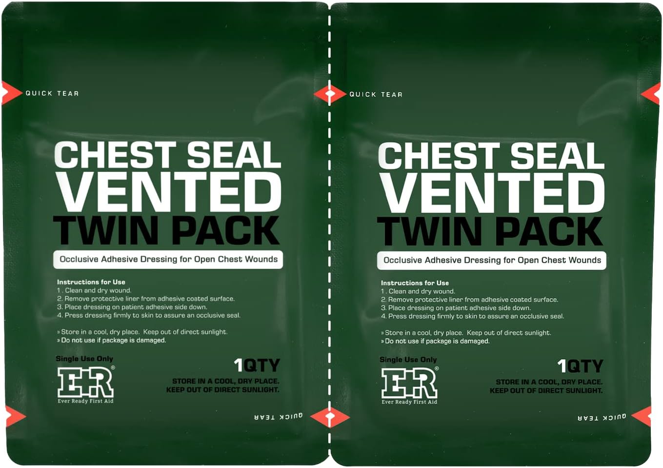 Ever Ready First Aid Vented Chest Seal with Quick Tear Twin Pack- 6.6” Square Occlusive Adhesive Dressing for Open Chest Wounds