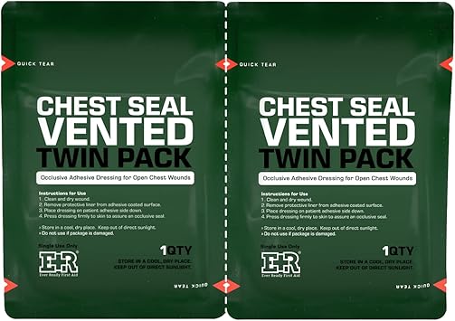Ever Ready First Aid Vented Chest Seal with Quick Tear Twin Pack- 6.6 Square Occlusive Adhesive Dressing for Open Chest Wounds