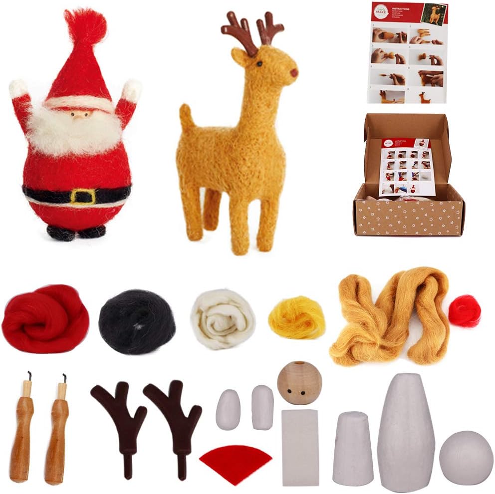 B & D Combined Inc. Wool Needle Felting Starter Kit, Felting Foam Mat, Needle，Instruction Book, Arts and Crafts, Easy for Beginner Snowman and Deer Set of Two (RED/White/Light Brown, 8"x5.5"x2.7")