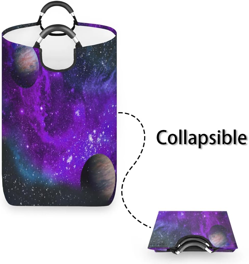 70L Large Laundry Basket Collapsible Tall Laundry Hamper Teal Purple Space Galaxy Planet Laundry Bag with Handles Dirty Clothes Hamper for Laundry Dorm Family Foldable Washing Bin
