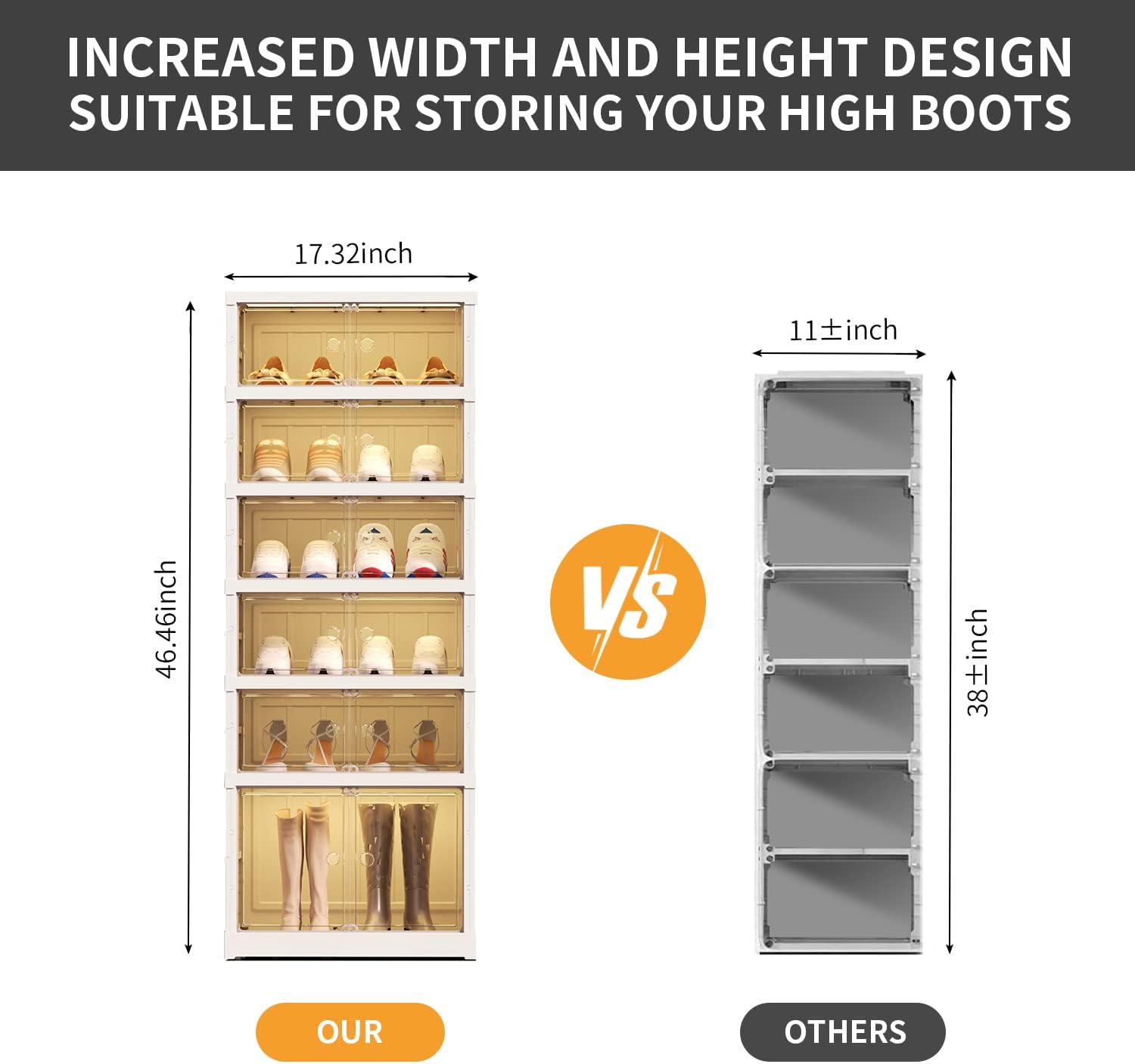 CIMLORD 6-Tier Foldable Shoe Rack Organizer for Closet 12Pairs Plastic Shoe Shelf Collapsible Shoes Storage Box Clear Shoe Boxes Stackable with Door Easy Assembly Shoe Cabinet with Lids Large