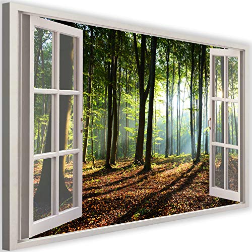 Feeby Impression sur Toile Intissé Fenêtre Ouverte Illusion 3D 90x60 cm Image Moderne Tableau Déco Mural Salle De Séjour Forêt Rayon De Soleil Arbres vert