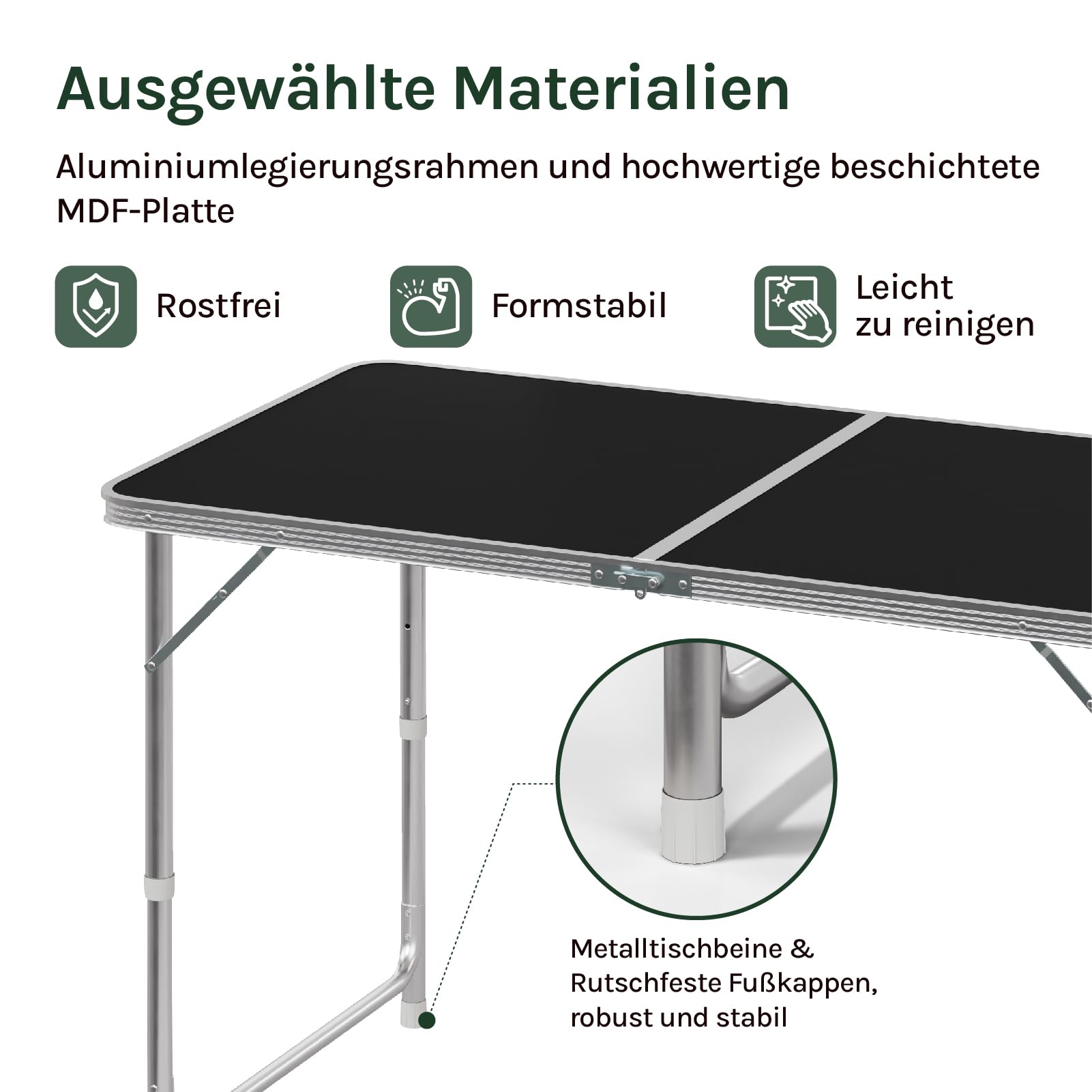 WOLTU Campingtisch Klapptisch 120x60cm, höhenverstellbarer klappbarer Gartentisch aus Alu und MDF für Camping, Garten, Feste, und Märkte Schwarz