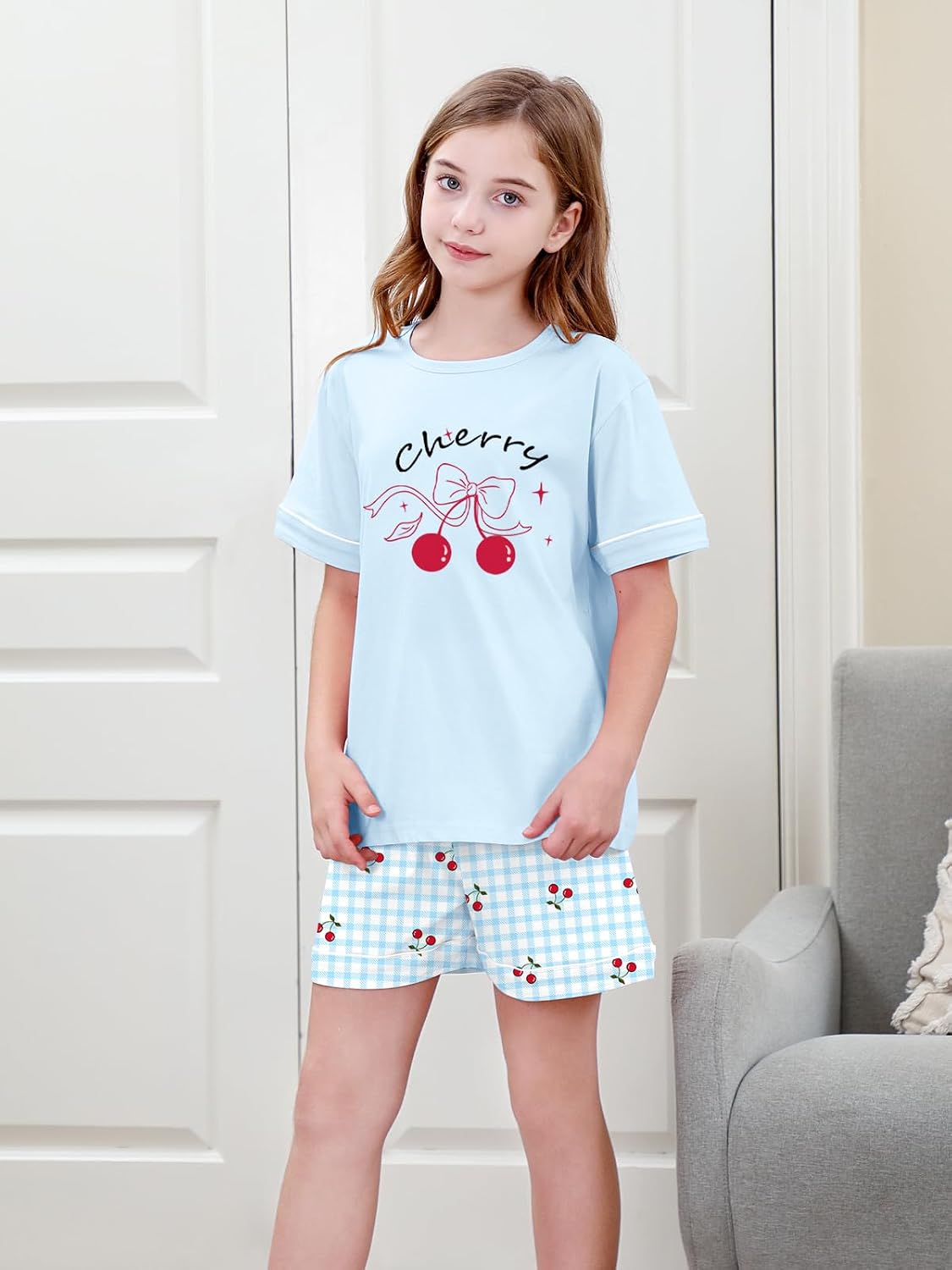 Umeyda Girls Pajama Set 100% Cotton 2 Piece Pjs Short Sleeve Sleepwear for Kids Age 5-14 Years image 5