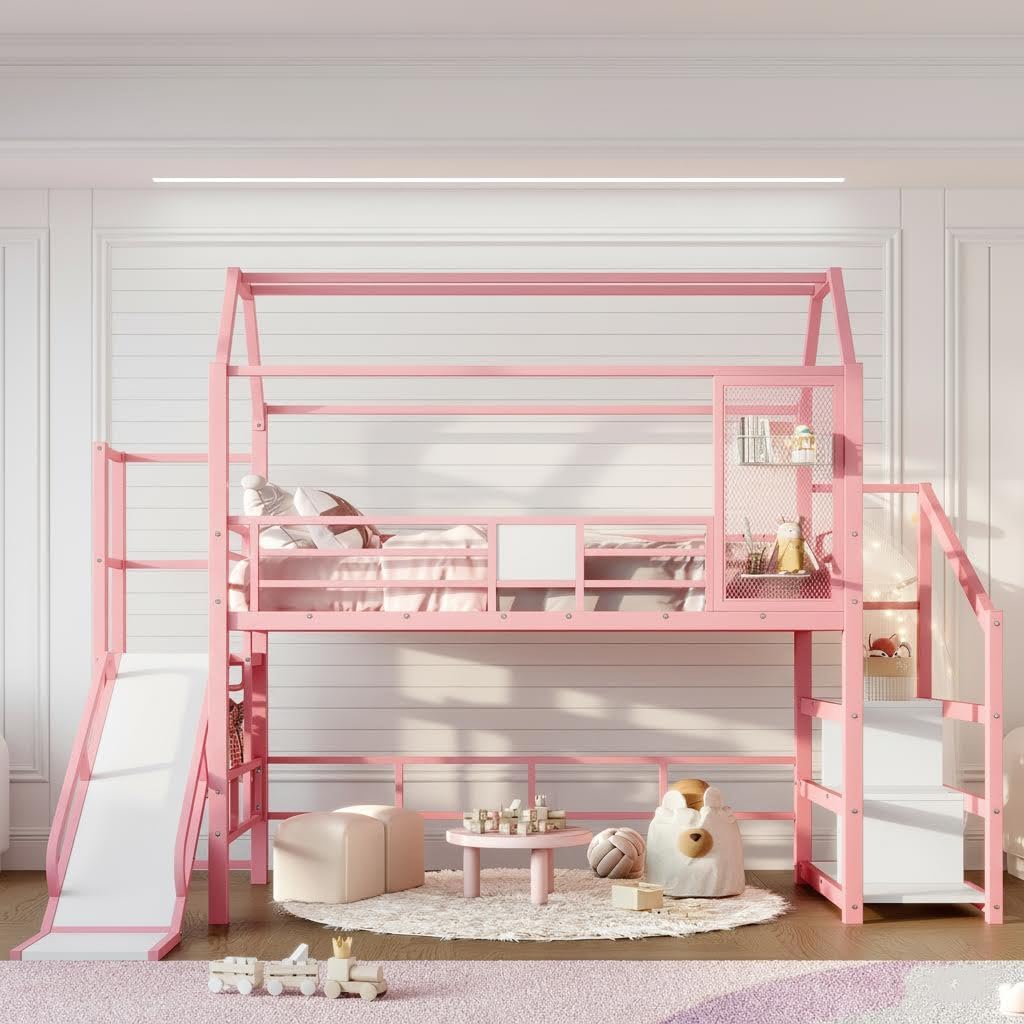 Twin Size Metal House Loft Bed with Slide and Stairs,Heavy Duty Playhouse Loft Bed Frame with Storage Shelves for Kids, No Box Spring Needed