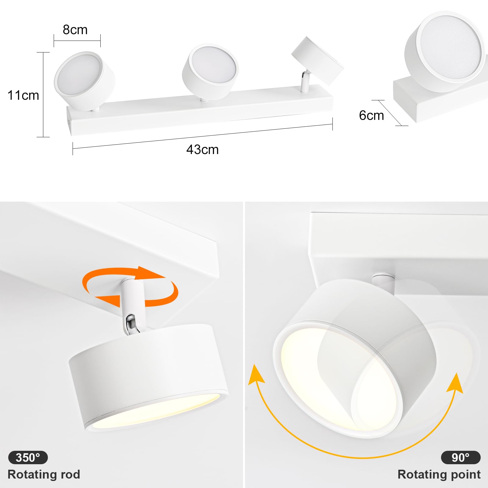 Plafoniera Lampada da Soffitto LED 3 Faretti, 18W Faretti da Soffitto Bianco Plafoniera Orientabili LED Bianco Caldo Faretto da Parete Moderna 3 Luce per Soggiorno Cucina Cameretta