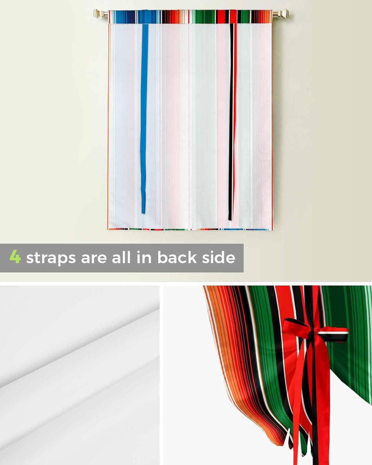 Tie Up Curtains for Windows, Mexican Serape Kitchen Curtain Adjustable Balloon Window Shades, Colorful Stripes Vertical Lines Abstract Valance Curtains for Living Room/Bedroom/Cafe 46"x63"
