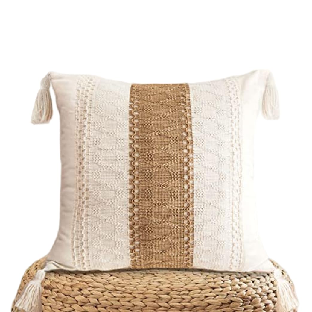 Vistnale striped outdoor patio throw pillow cover, Farmhouse Throw Pillow Cover 18x18, Cotton Jute Striped Decorative Pillowcase with Tassels for Couch Sofa, Neutral Beige