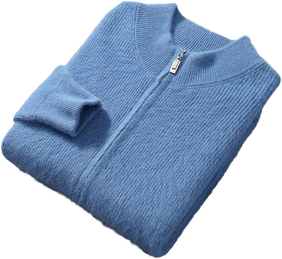 Men's 100 Percent Cashmere Cardigan Stand Collar Thick Sweater Warm Casual Knitted Zipper Jumpers