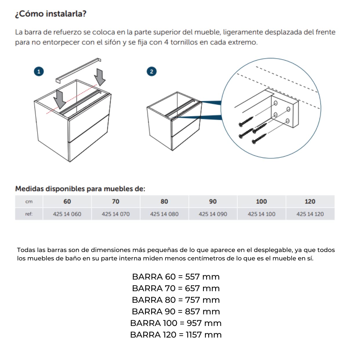 Verstärkungsstange für Badmöbel | Aluminiumstange für Badezimmermöbel mit Deckel oder Arbeitsplatte | 80 cm