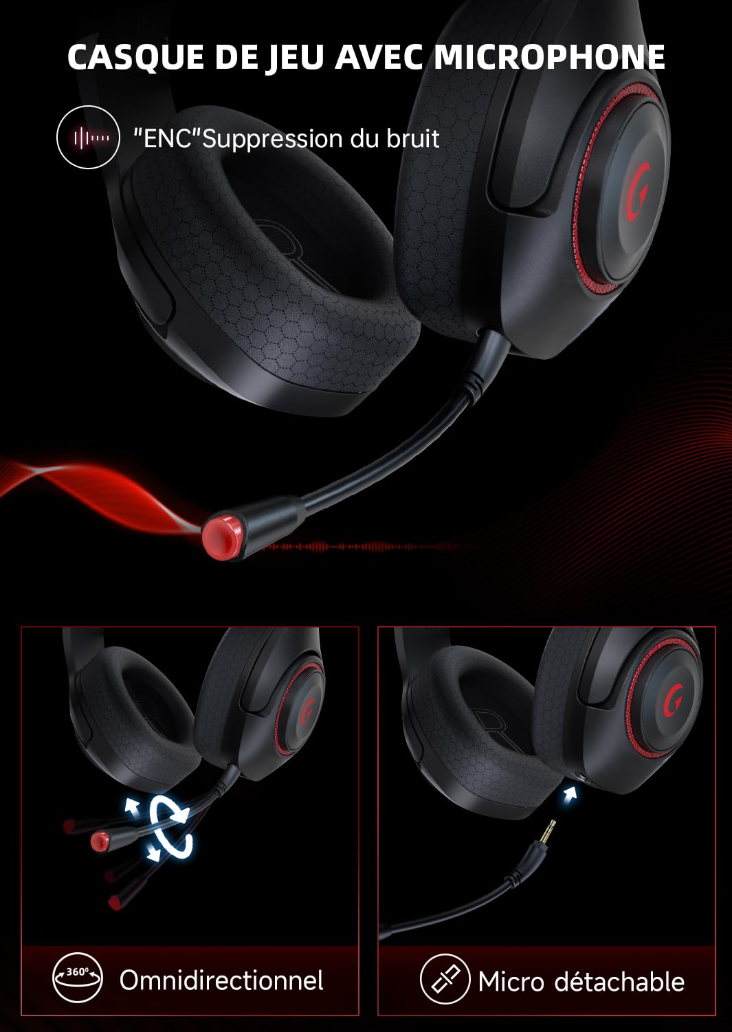 Casque Gaming, Casque Gaming sans Fil pour PS5, PC, 2.4GHz Casque Gamer avec Microphone Stéréo 3D Amovible, Cuffie Bluetooth 5.2, 3,5mm câble Adaptateur pour Xbox Casque