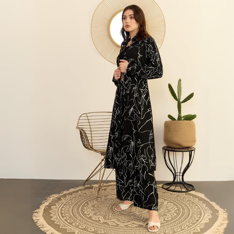 Image of Berrylush Women Spread Collar Neck Longline Top & Elastic Waist Trousers Co-Ord Set