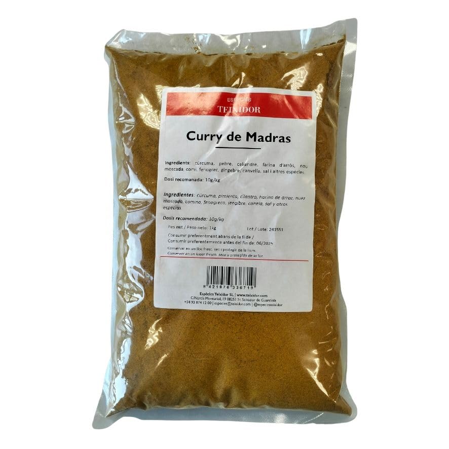 Genérico Curry de Madras, Mezcla de Especias en Polvo, 1kg, Contiene Cúrcuma, Pimienta, Cilantro, Nuez Moscada, Comino, Jengibre, Canela y Otras Especias