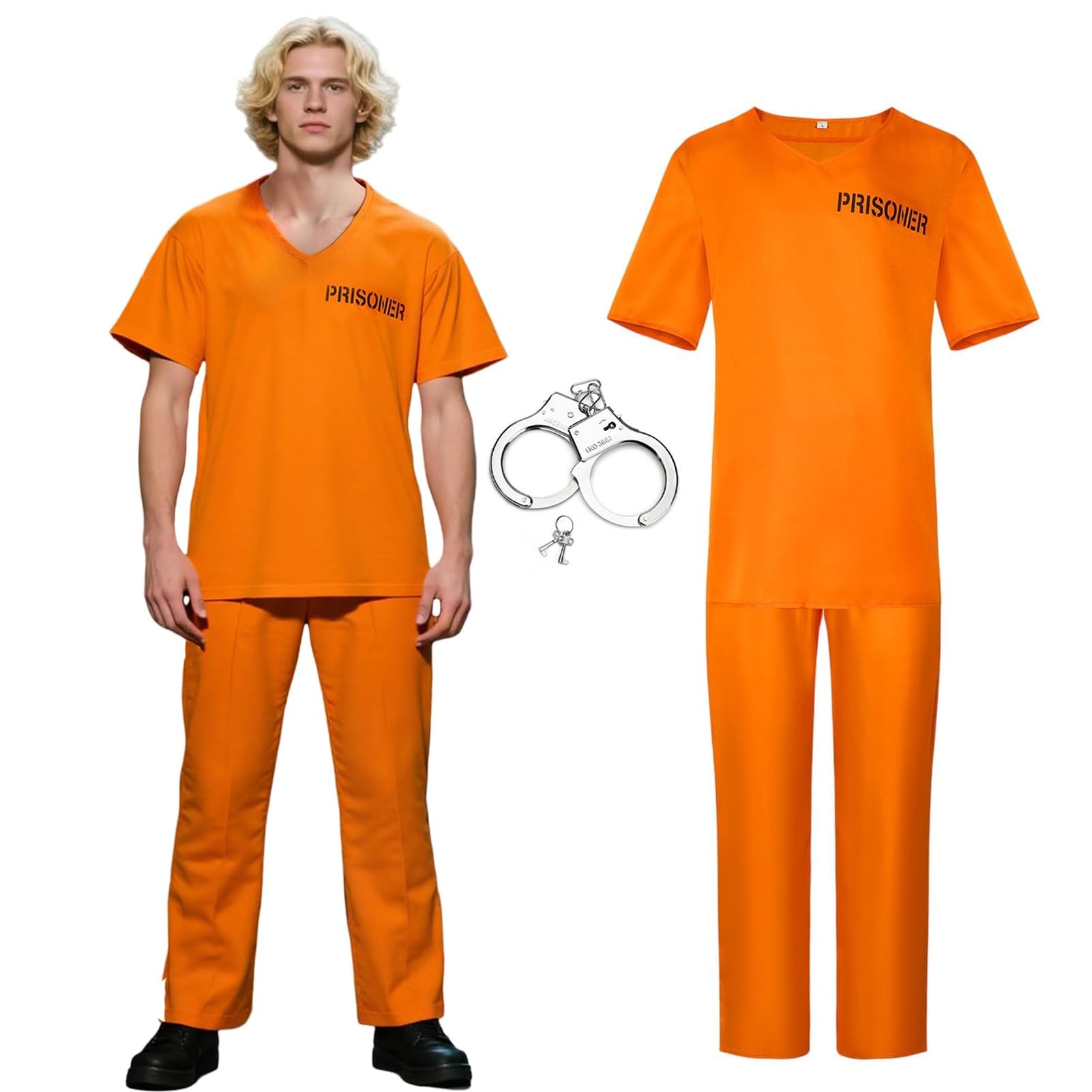 Aleshime Adults Orange Prisoner Costume with Handcuffs, Unisex Mens Womens Orange Prisoner Outfit - Cops & Robbers Halloween Fancy Dress Costume