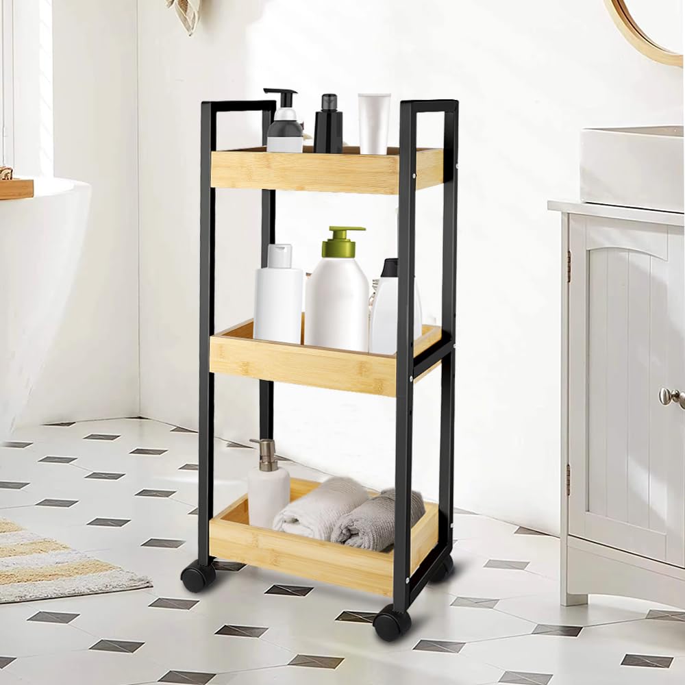 HUOLE Estantería Delgada de Baño, Carrito de Almacenamiento de 3 Niveles sobre Ruedas, Estantería de Bambú y Madera de Baño Estantería de Pie 3 Cestas dim. 30L x 20l x 80H cm-Negro