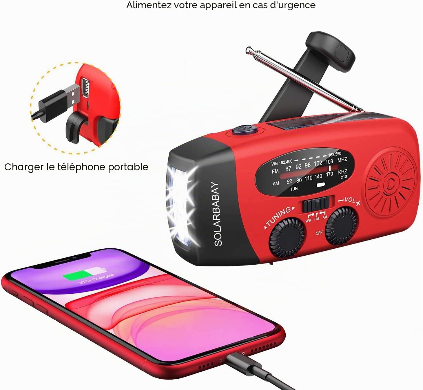 Radio Solaire d’Urgence, Radio à Manivelle Auto-alimentée avec Lampe de Poche LED, Météo AM/FM/WB avec Batterie Rechargeable 2000mAh pour Le Chargement d’Urgence du Téléphone Intelligent