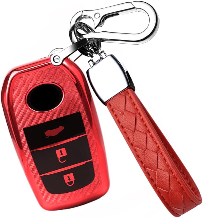 HIBEYO TPU Carbon Fiber Texture Car Key Fob Cover with Keychain fits for Toyota Camry Fortuner Hilux Land Cruiser Silicone Car Key Case Cover Jacket Smart Remote Car Key Holder Shell 3 Button Green