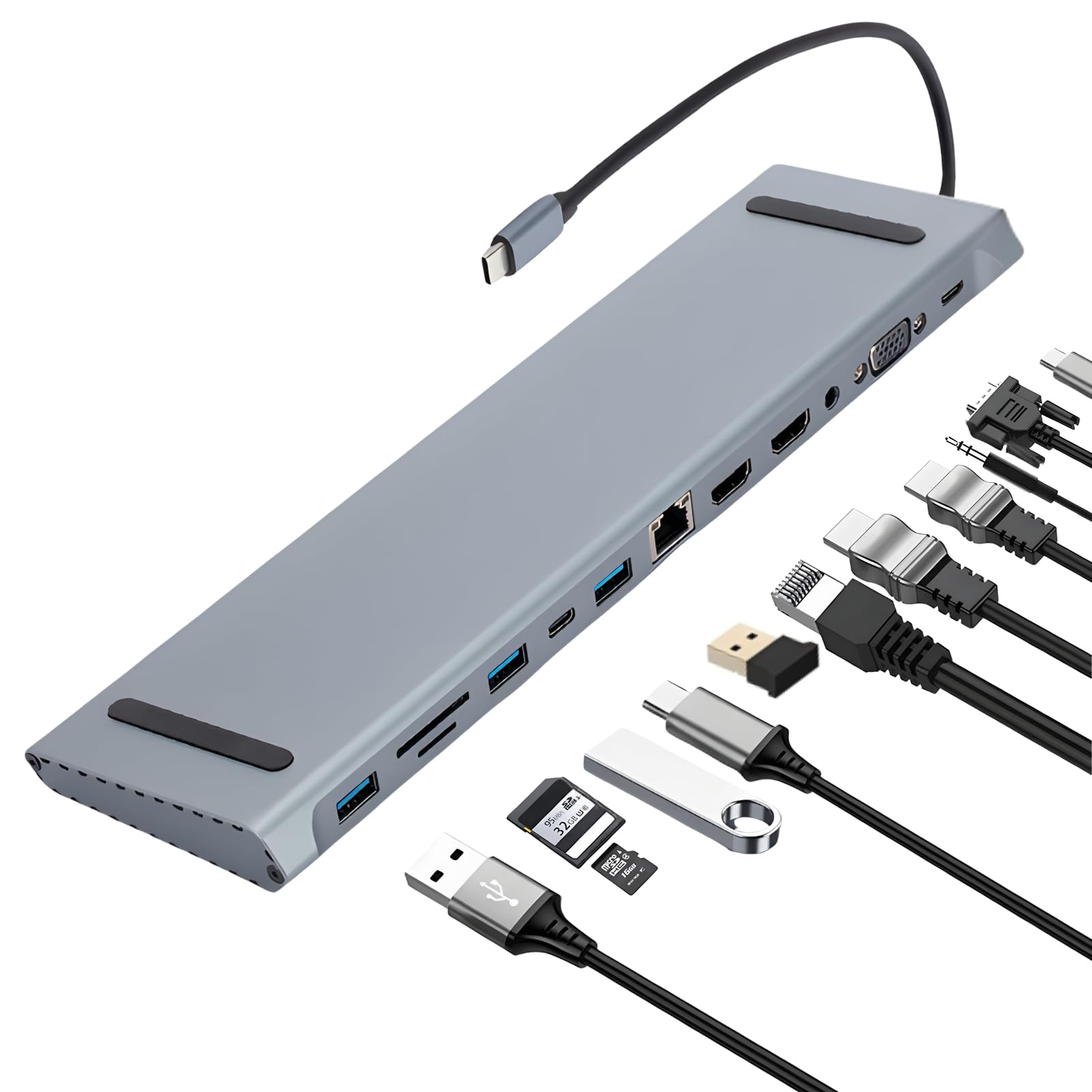 Docking Station 12 in 1, hub USB C ultra sottile, 100 W, PD, ricarica rapida, con 3 porte USB RJ45/Ethernet/SD/TF/3,5 mm, adattatore multiporta per computer portatile