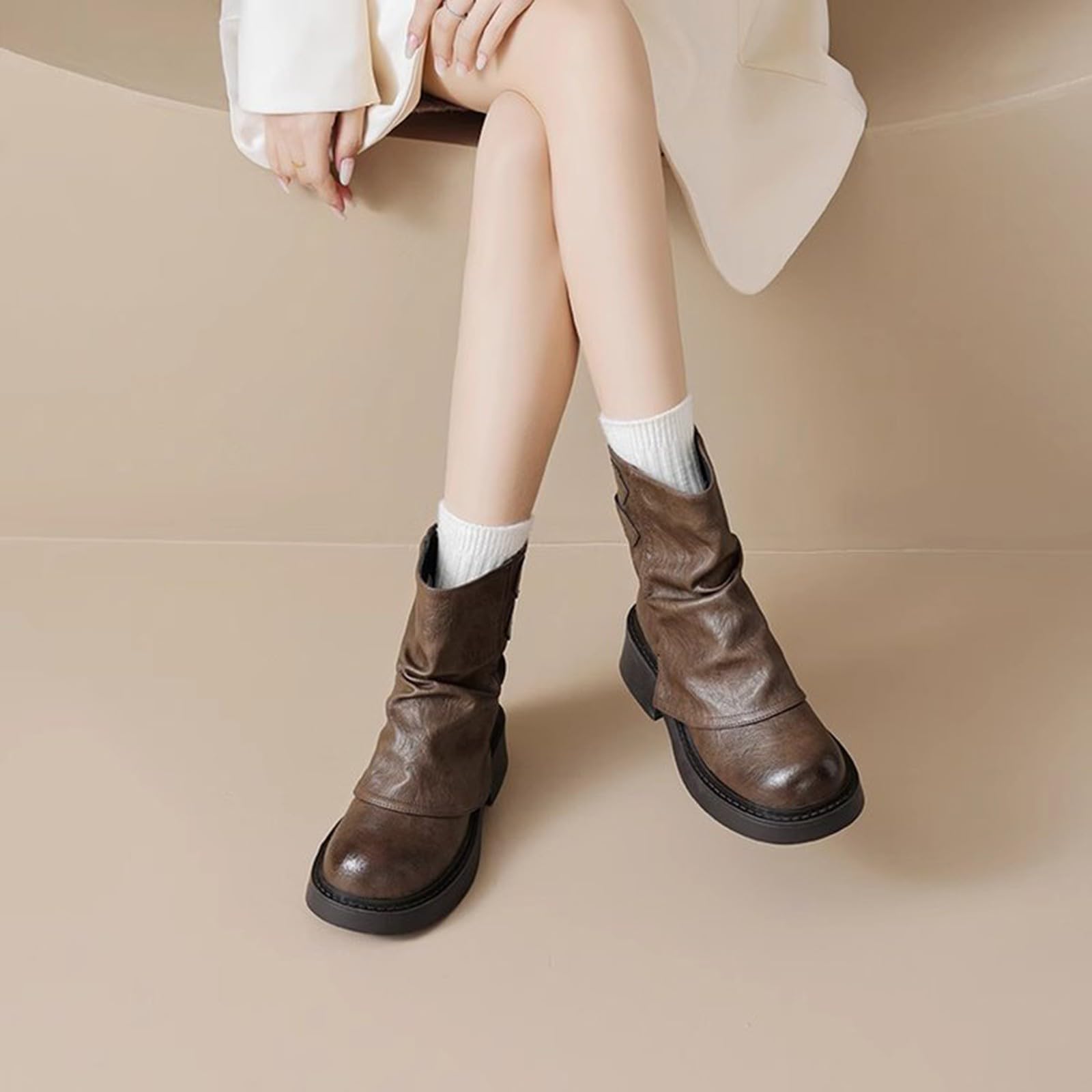 Chelsea Bottines à plateforme pour femme - Style gothique - Bottes de motard pour femme - En cuir synthétique - Largeur H - Bottes d'équitation mi-hautes - Antidérapantes - Bottes d'hiver courtes à