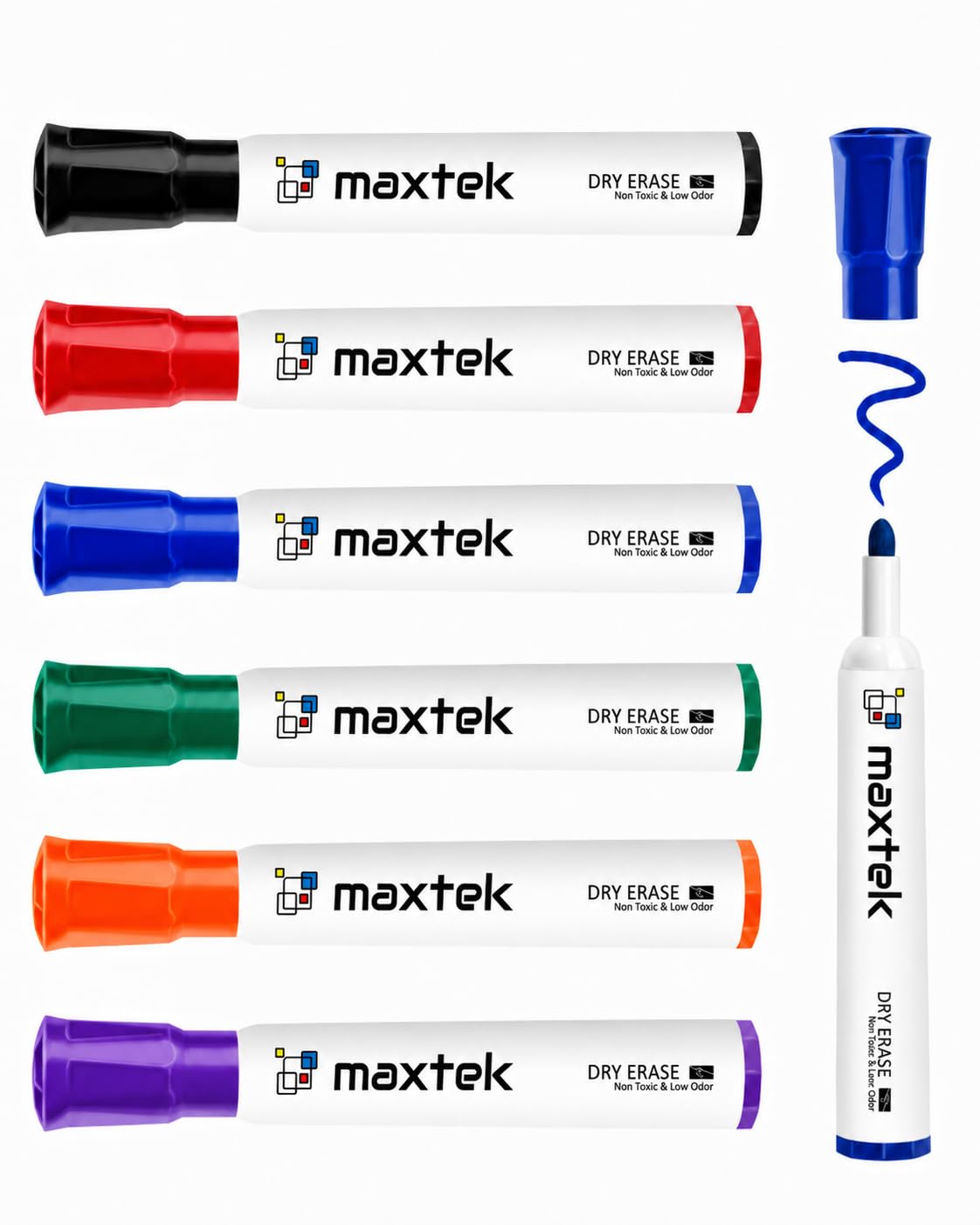 maxtek Whiteboard Pens, 6 Colours Low Odour White board Markers Erasable for Flip Chart, 2-3 mm Bullet Tip, Dry Wipe pens for School Office Home (Pack of 6)