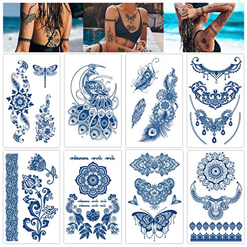 8 Sheets Semi Permanent Tattoos Stickers, Waterproof Sexy Realistic Flower Temporary Tattoos Premium Henna Temporary Tattoo - Naturally Plant-Based Ink, for Adult Women Girls