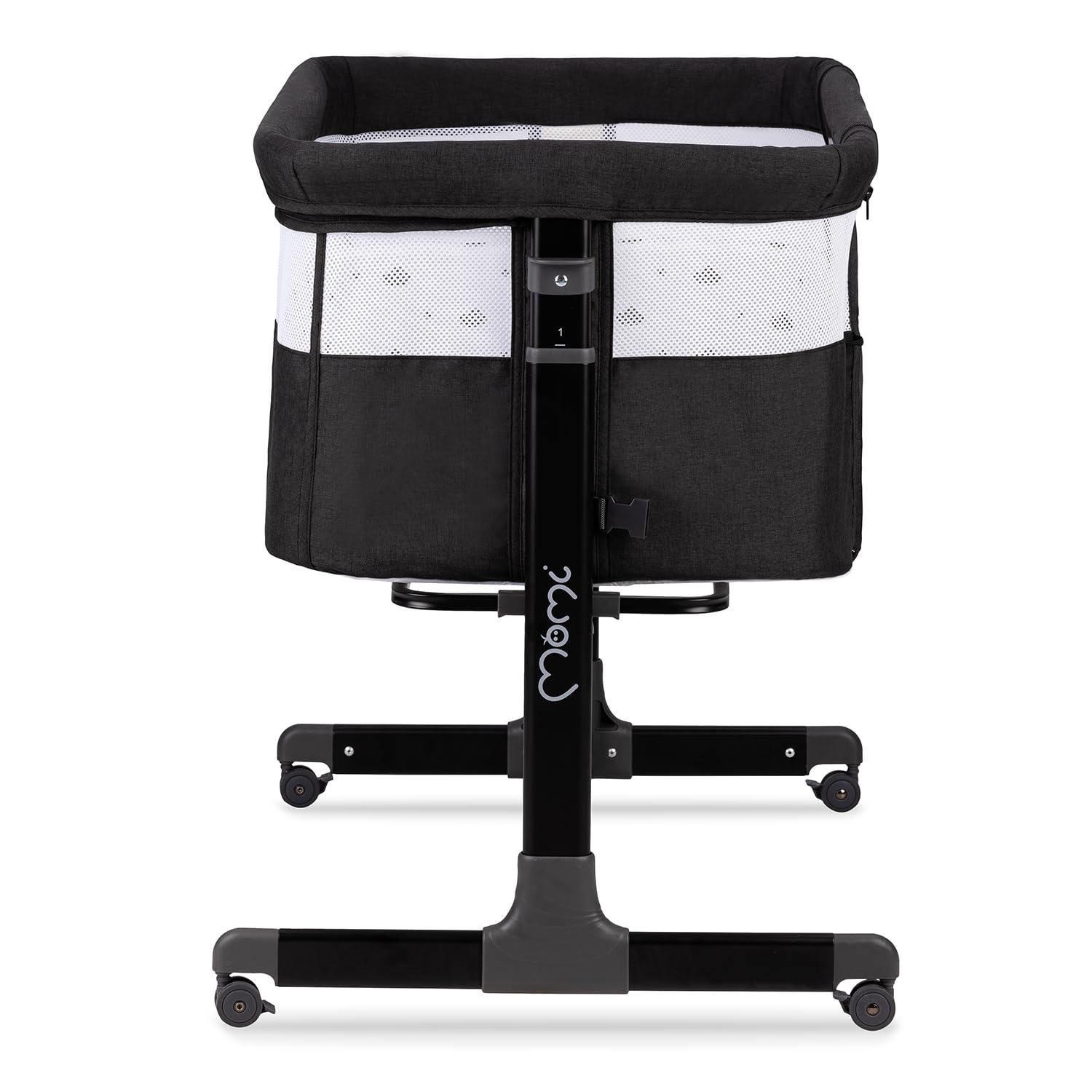Momi REVO Lettino multifunzionale, con regolazione dell'altezza su 6 livelli da 72 a 82 cm, con rotelle, materassino incluso, cinghie di fissaggio, zanzariera e barra giochi