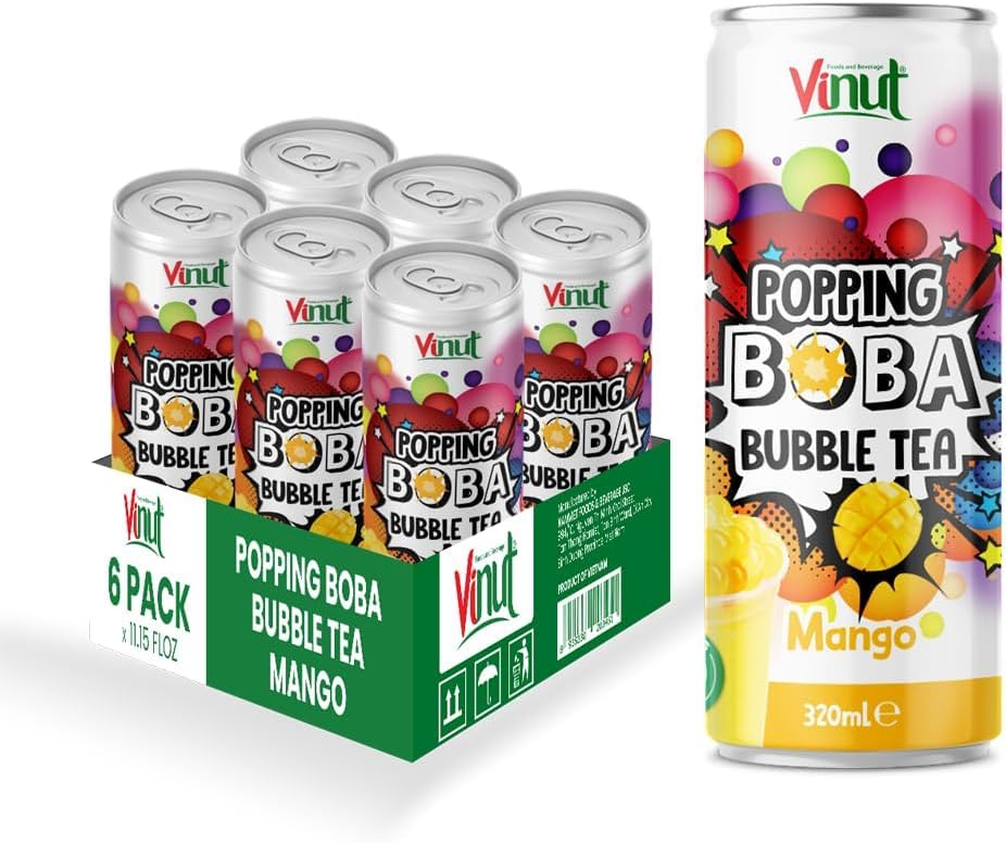 Vinut Mango Bubble Tea con Popping Boba, 320 ml, confezione da 6, pronto da bere, a basso contenuto di sodio