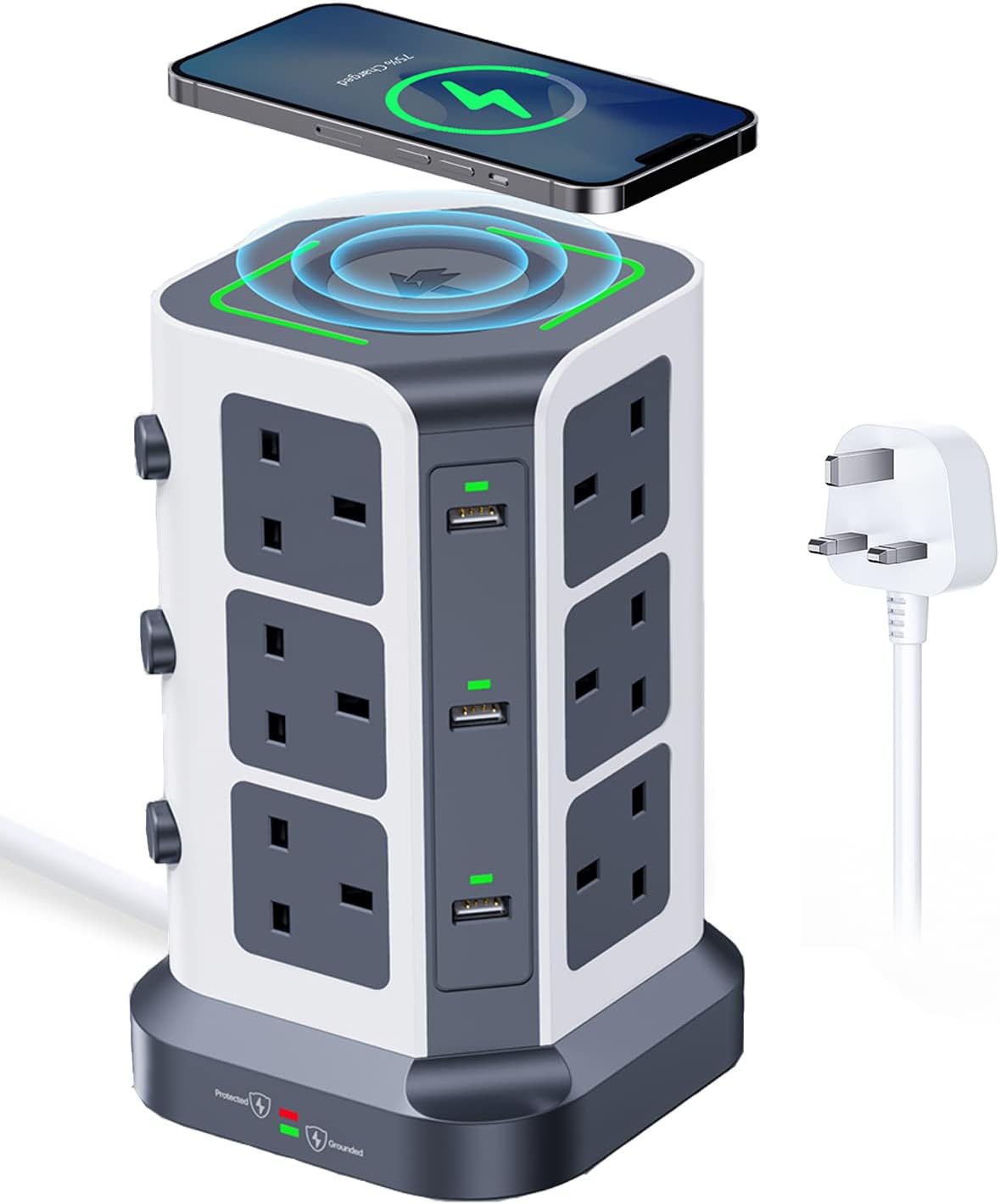 Tower Extension Lead with Wireless Charger,[13A 3250W] Surge Protector,12 AC Outlets & 6 USB Ports Multi Plug Socket Power Strip with Heavy-Duty Extension Cable 2m Gray
