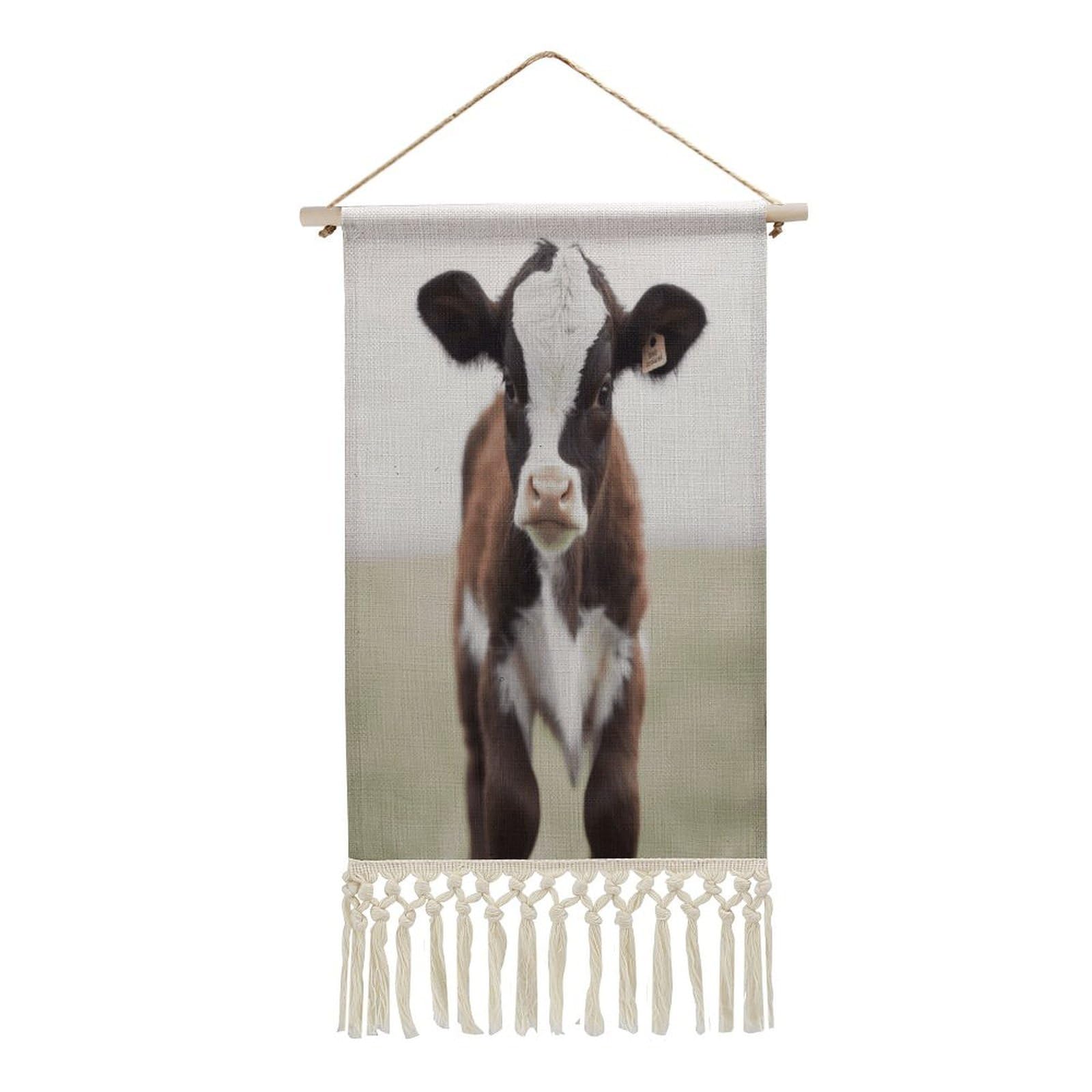 VstaDank Cow Wall Art Decor with Tassels 20"x10" Cotton Linen Hanging Tapestry Decor Wall Art Prints Wood Frame Boho Wall Art Poster for Bedroom Living Room Office