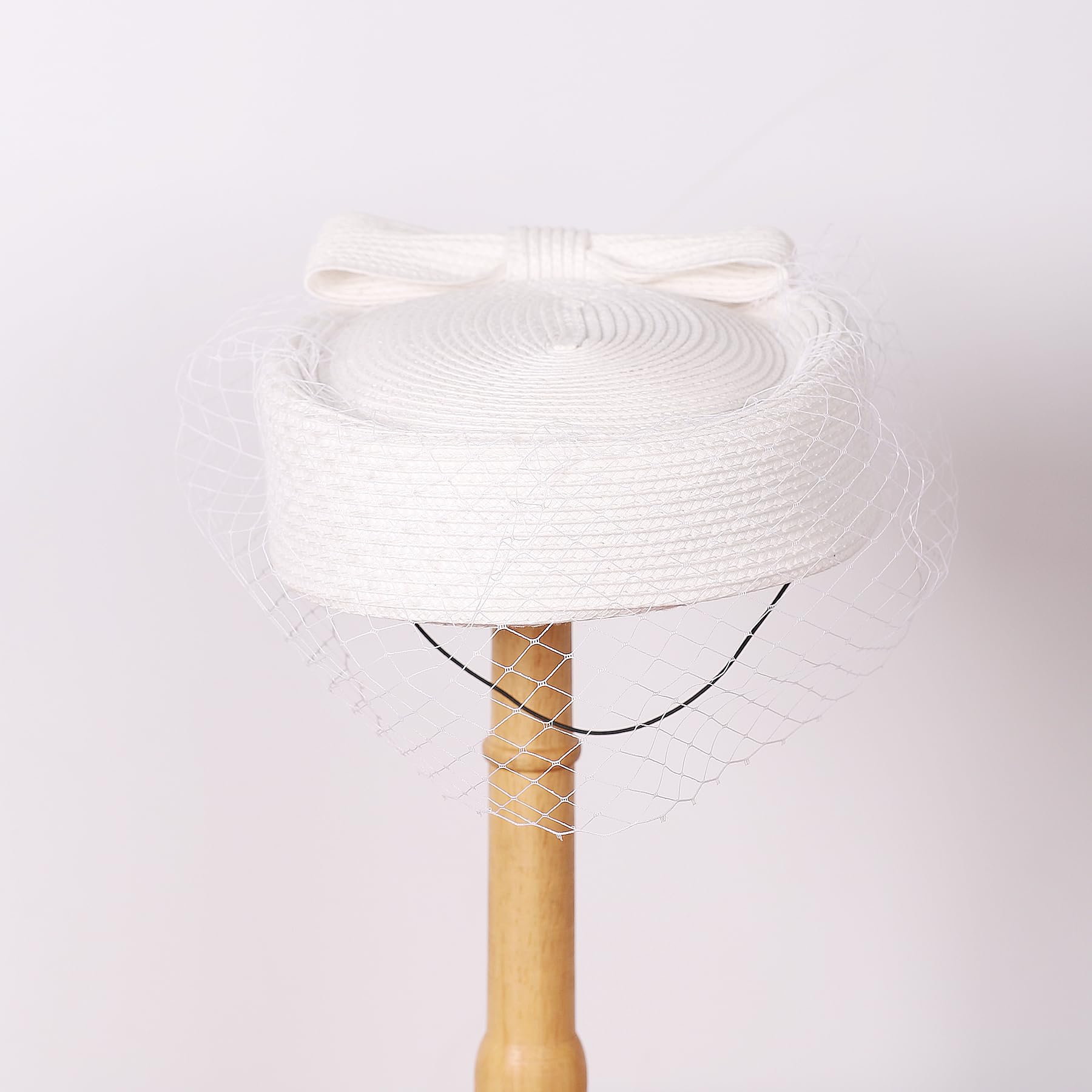 Straw Fascinator Vintage Hat Bow Veil Pillbox for Wedding Tea Party 20s 50s Headwear