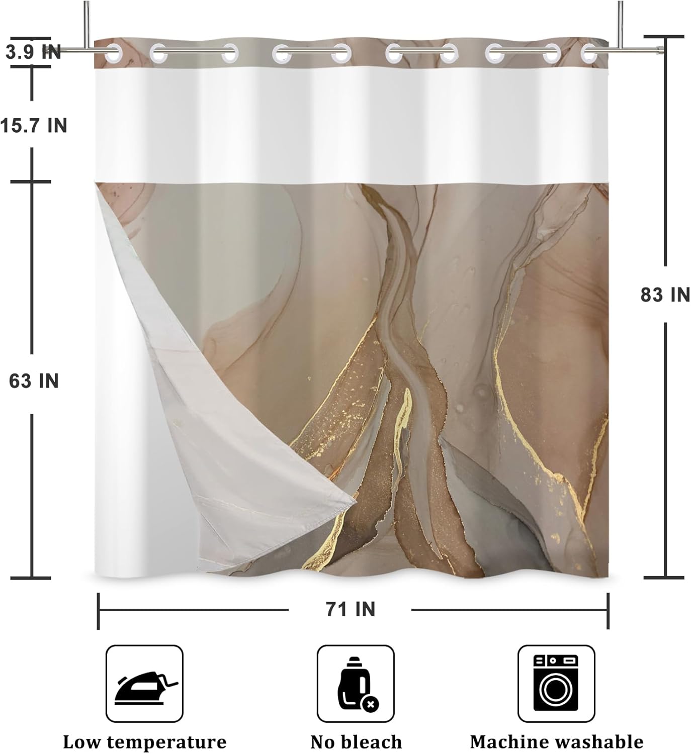 Baocicco No Hook Shower Curtain with Snap in Liner Brown Gold Marble Golden Cracked Lines Modern No Hook Fabric Shower Curtains Set Waterproof Double Layers Shower Curtain for Bath Bathtubs 71x83 Inch