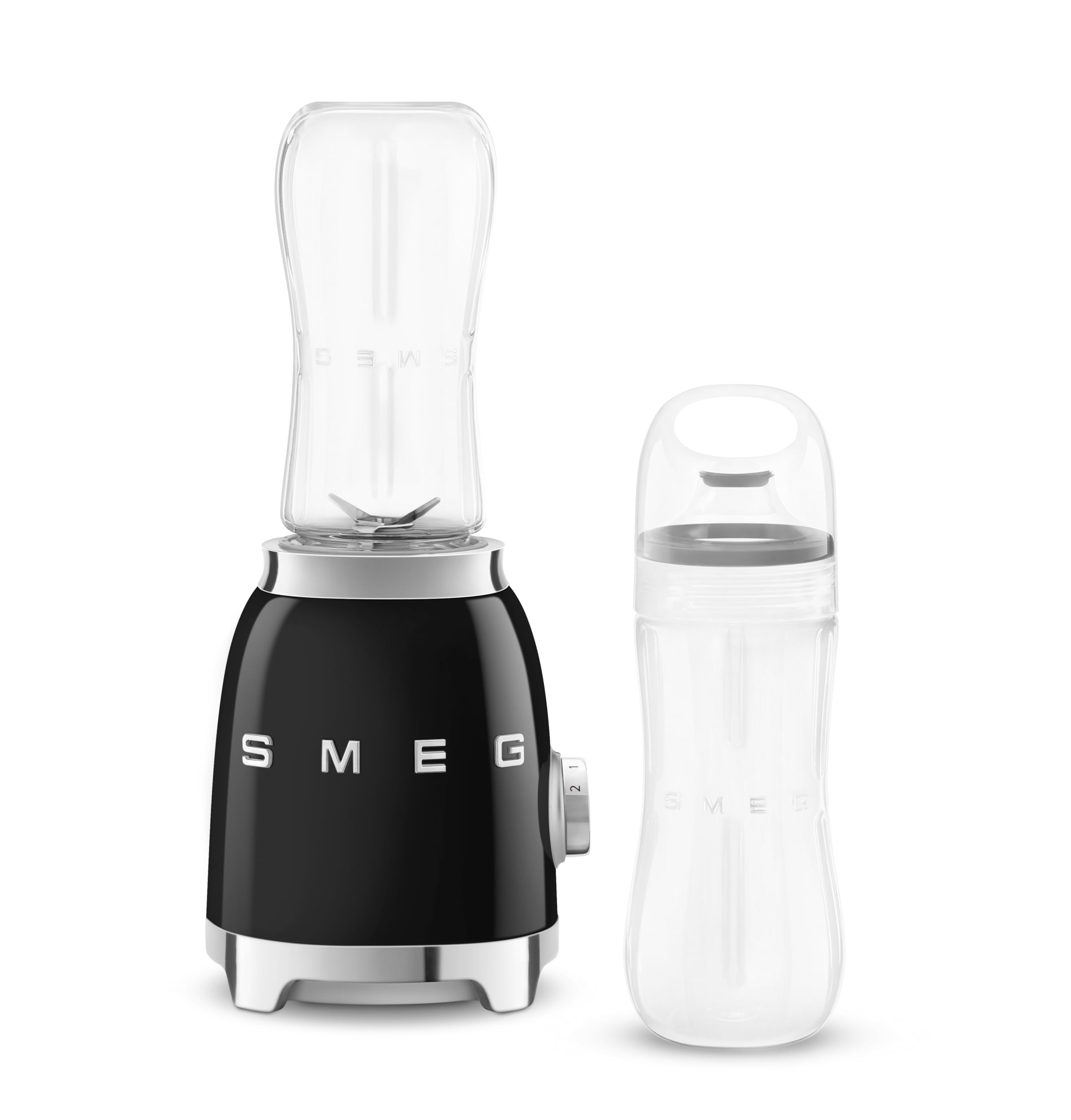 Smeg, Frullatore Compatto PBF01BLEU, 2 Livelli di Velocità, Sicurezza Blocco Motore, 2 Bottiglie da 600 ml in Dotazione, Base Antiscivolo, Avvolgicavo Integrato, 300W, Nero
