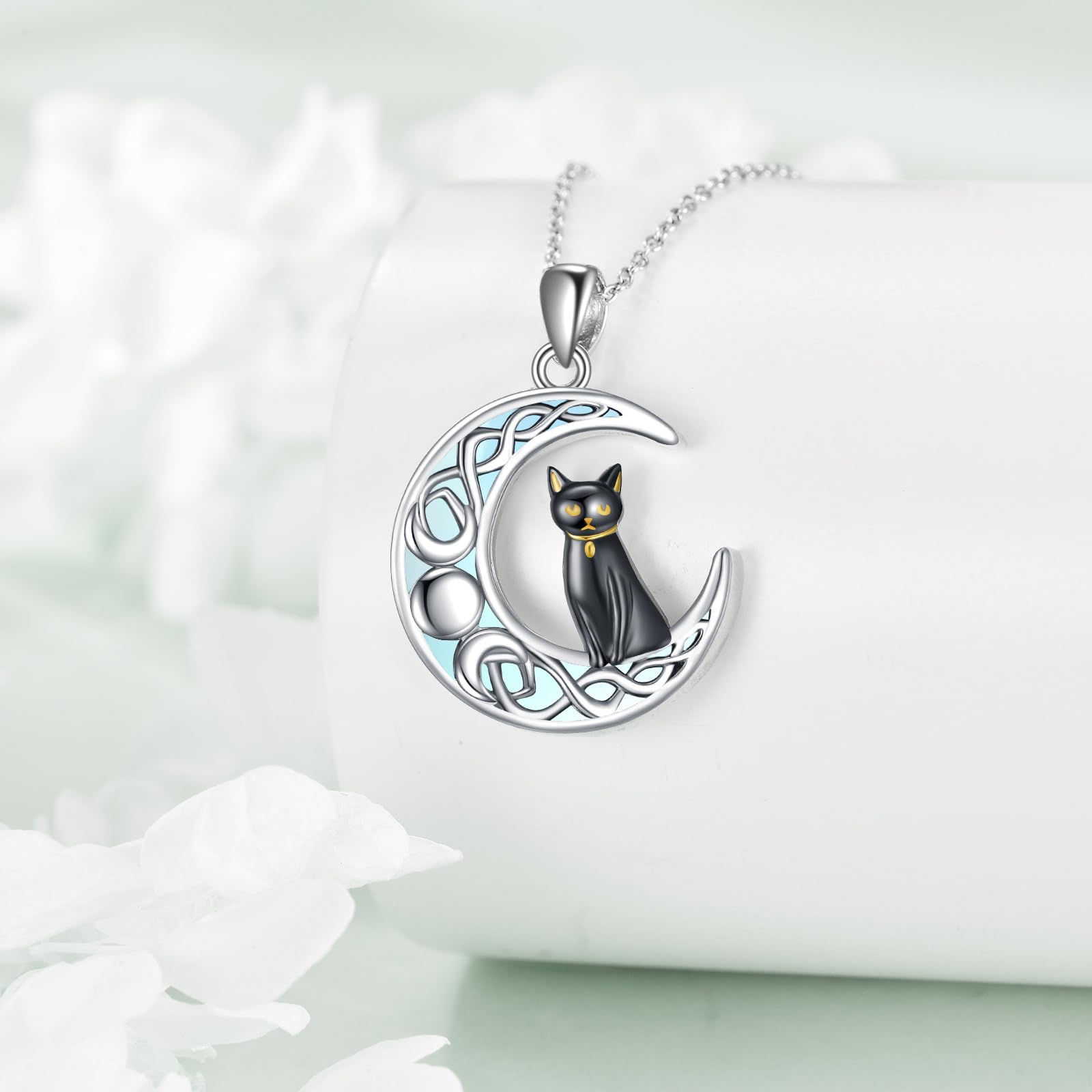 KZX Schwarze Katze Mond Halskette Katze Geschenke für Katzenliebhaber Sterling Silber Katzen Halskette auf dem Mond Anhänger Halskette keltischen Schmuck Geschenke für Frauen Mädchen
