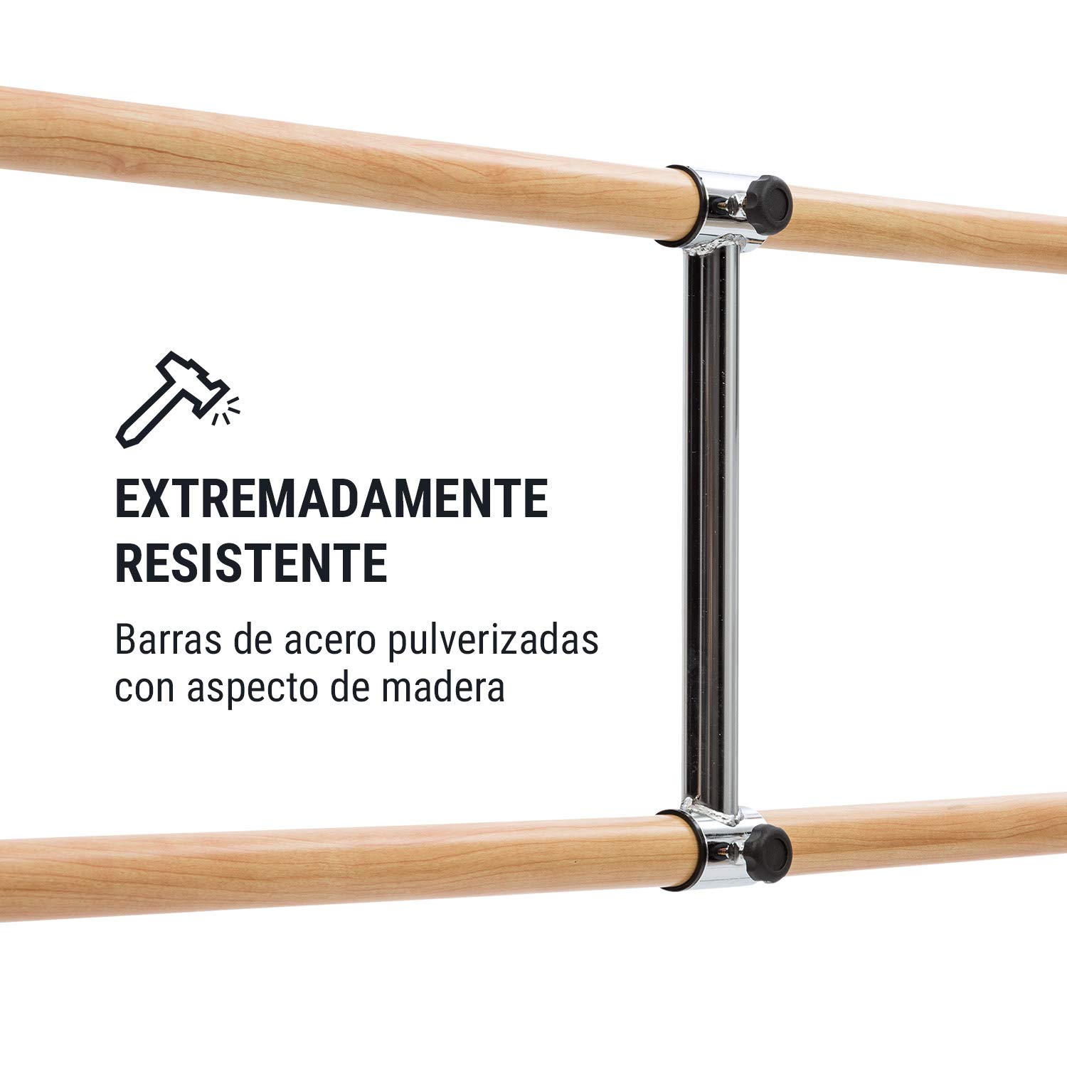 Klarfit Barre Doble de Ballet para Casa, Recubrimiento de Goma Antideslizante, Altura Flexible, Acero con Aspecto de Madera