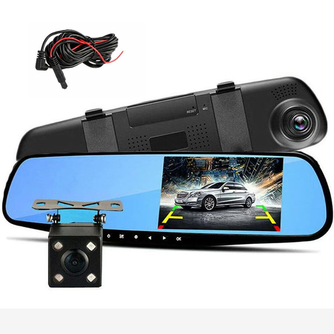Espejo Retrovisor con Doble Cámara 1080P HD, Visión Nocturna, Grabación Automática Delantera y Trasera, Fácil Instalación Universal para Coche
