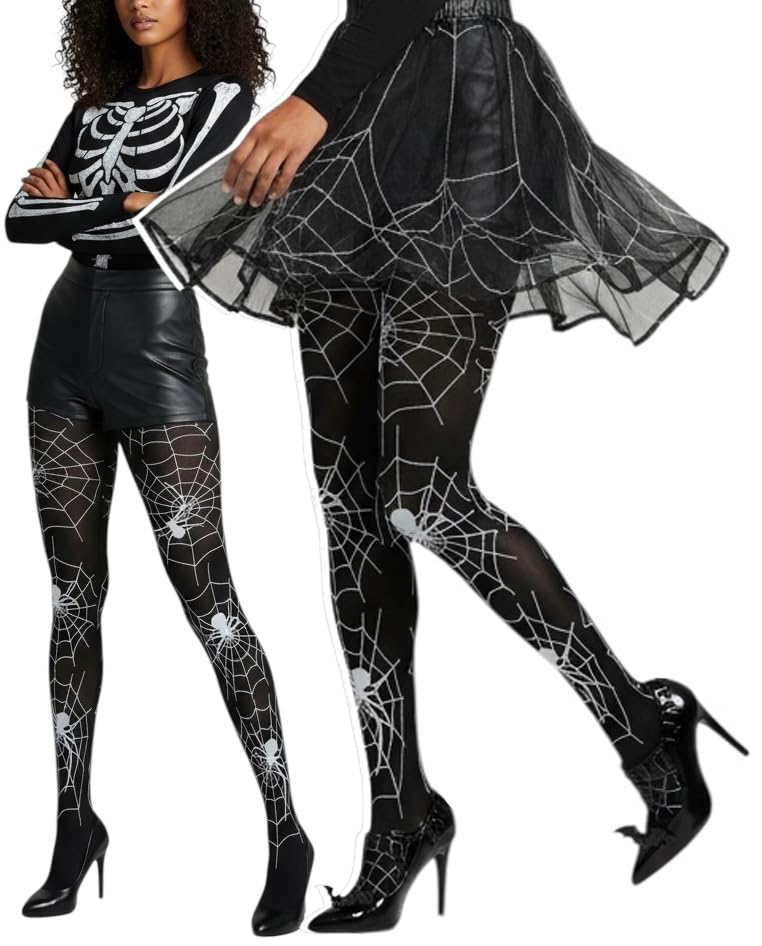 Image of ToBeInStyle Women's Spiderweb & Crawling Spider Print Hosiery Tights & Thigh High Stockings