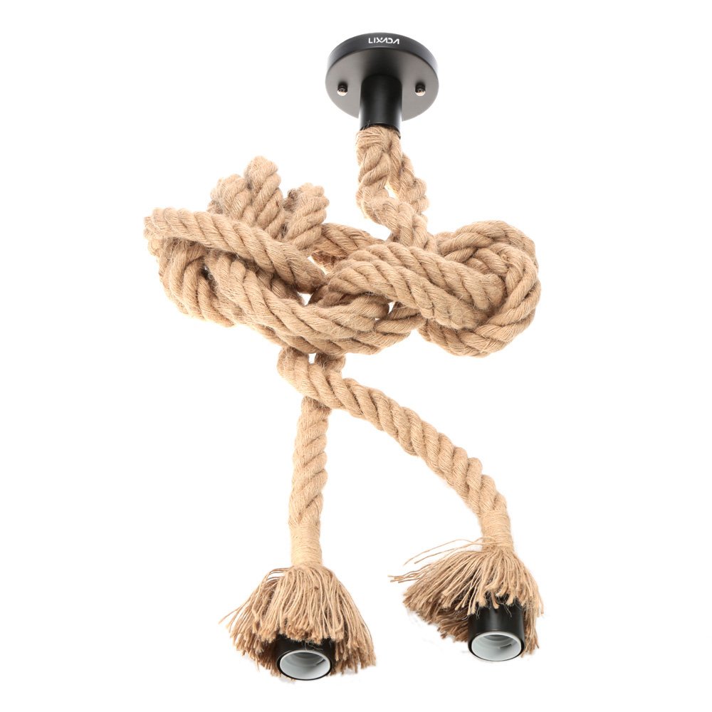 100cm AC220V E27 Double Head Vintage Hemp Rope Hanging Pendant Ceiling Light Lamp Industrial Retro Country Style Dining Hall Restaurant Bar Cafe Lighting Use