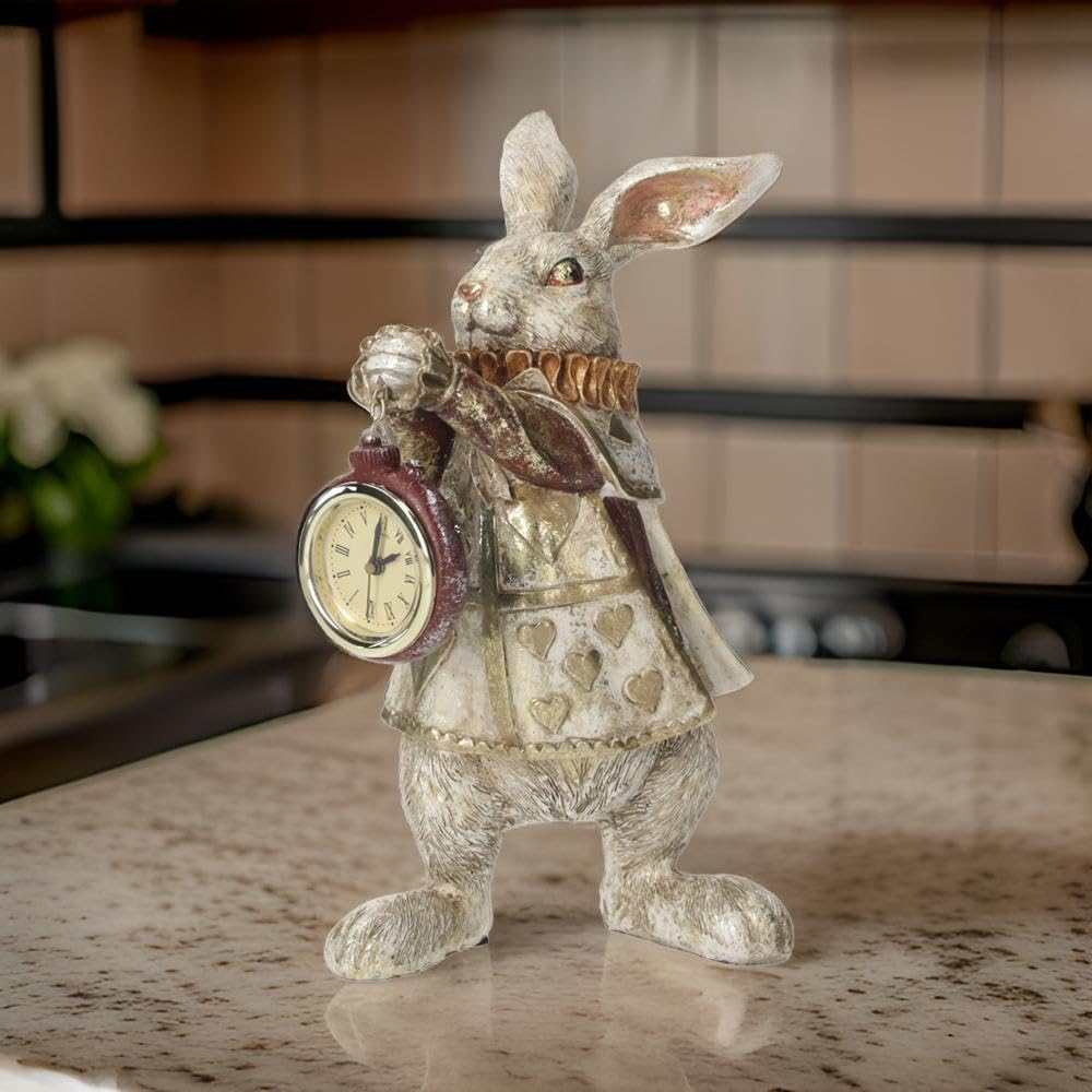 Keyhomestore | Statuina Coniglio con Orologio in Resina Bianco/Oro