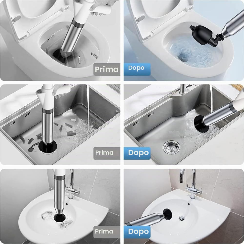 Pompa Stura scarichi a Pressione Stantuffo per WC Sturalavandini a Pressione Sturatubi ad Aria Compressa Stura WC con 3 Ventose per Disintasare WC Lavello Vasca Scarico a Pavimento